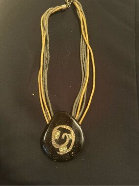 Multi-Strand Black and Mustard Pendant Necklace with Gold Accent